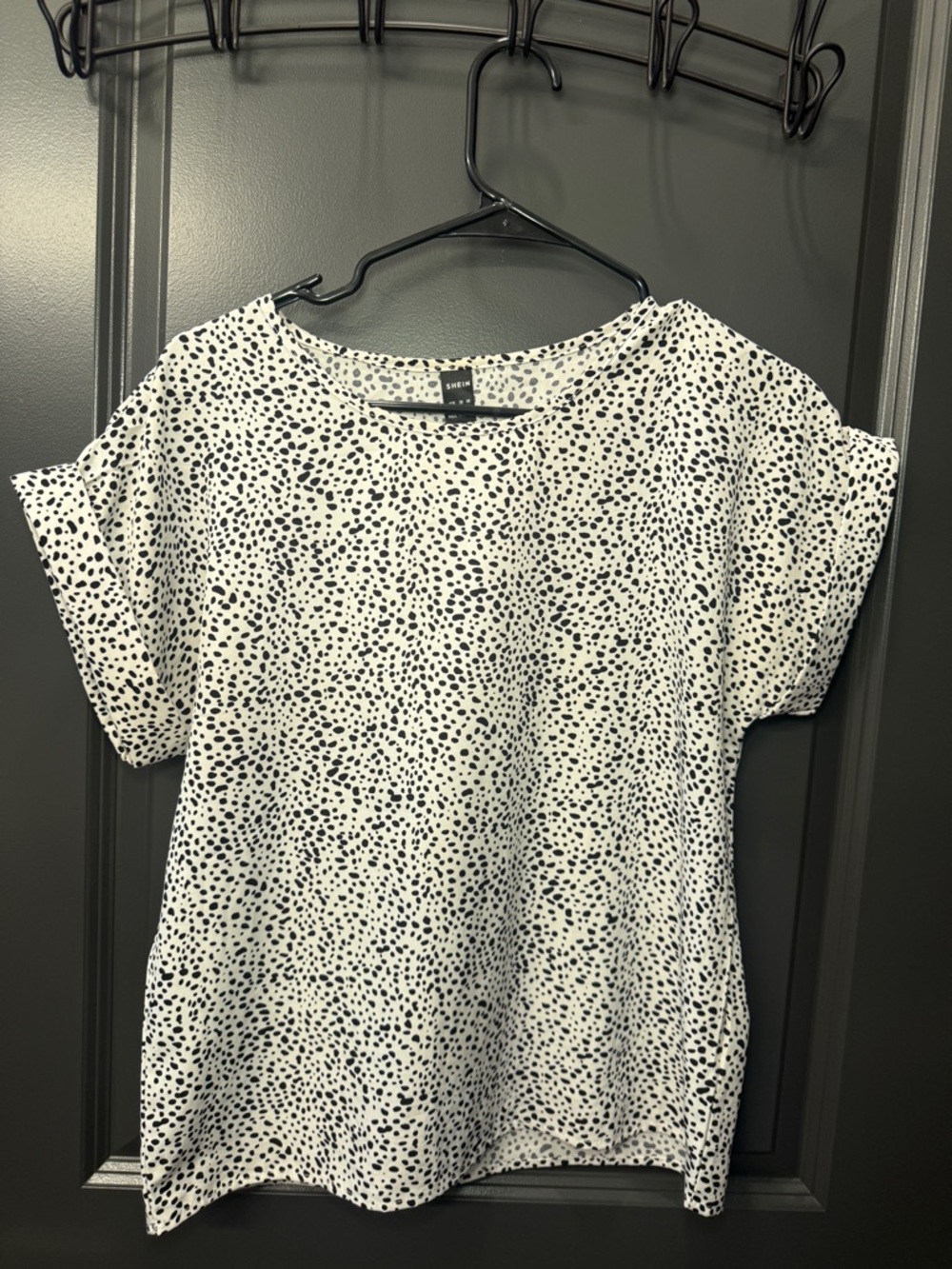 SHEIN White Short Sleeve Top with Black Speckle Print